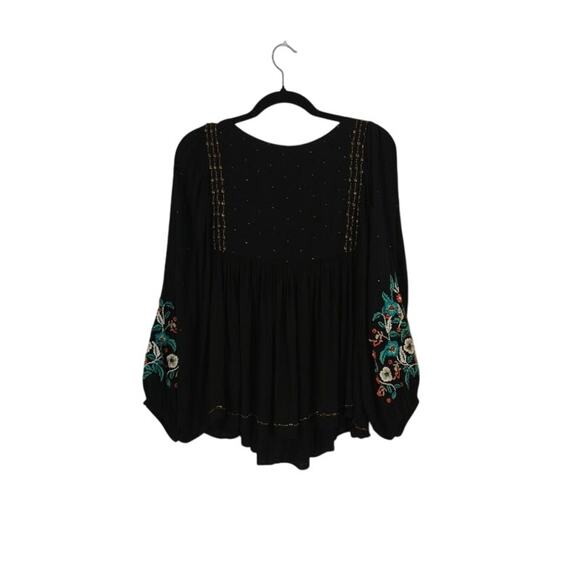 Floreat Anthropologie Embroidered Peasant Top Medium Black Bohemian Whimsigoth - Picture 2 of 11